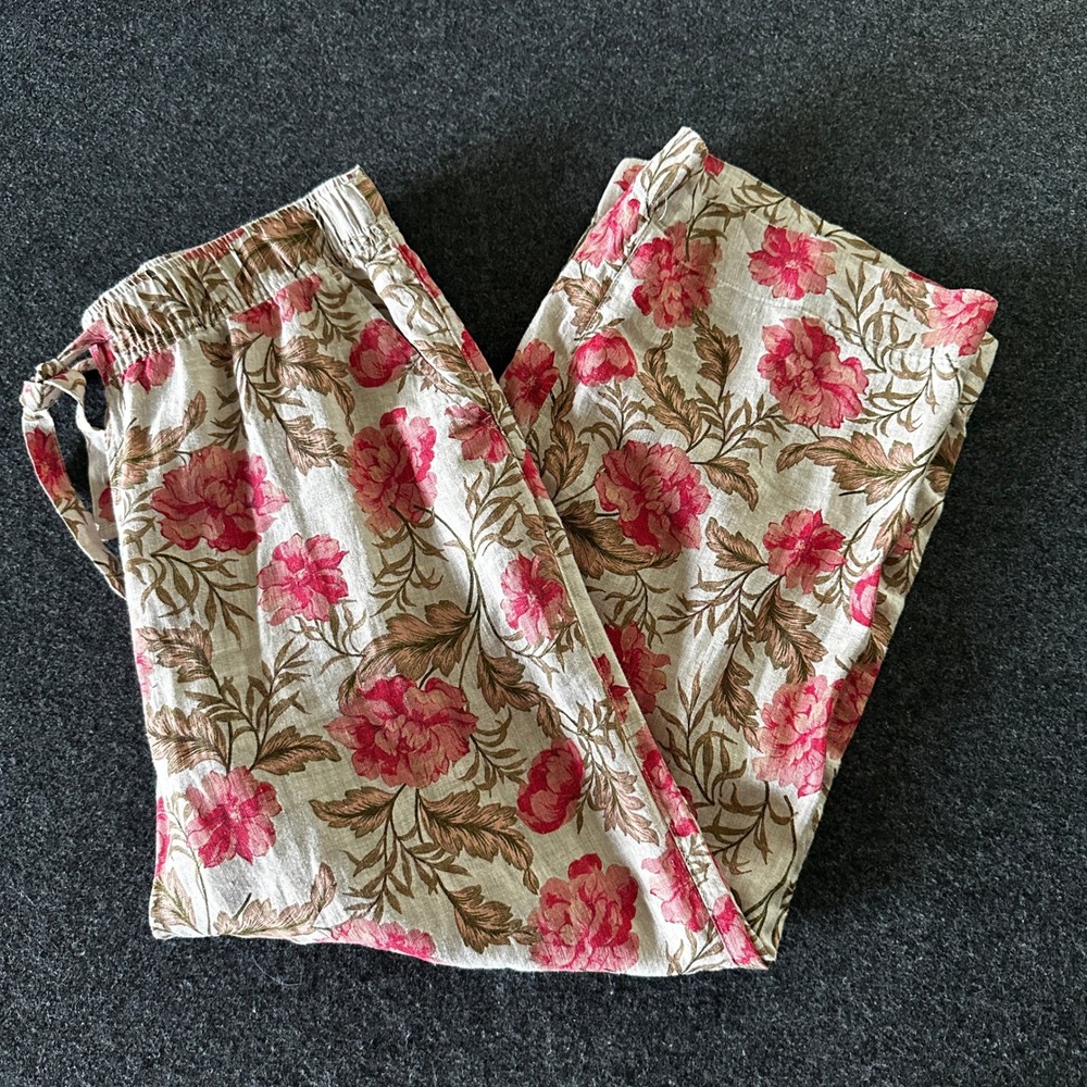 Joie Women Pink Floral 100% Linen Wide Leg Cropped Pants Size Large
